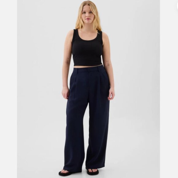 GAP Easy Crepe Drapey PLEATED Navy Blue Loose Straight Pants Size 12 TALL RT$80